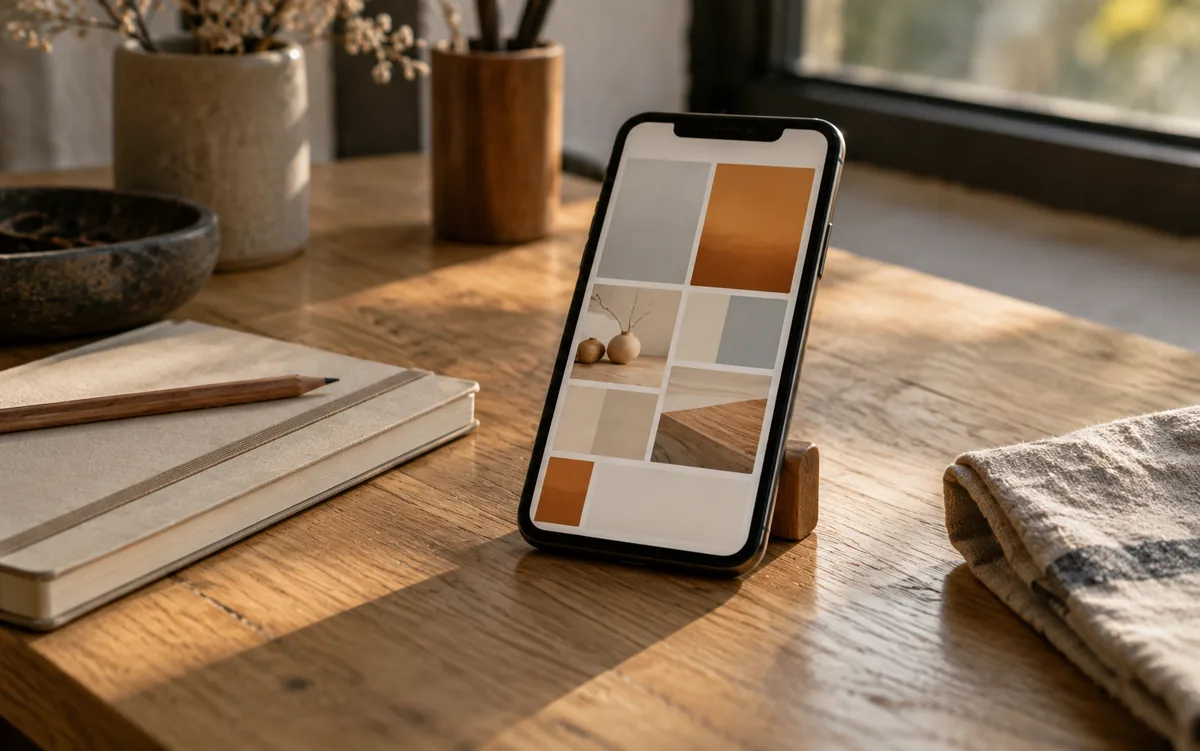 A phone showing a product grid on a workbench